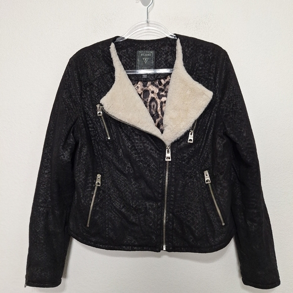 Guess Black Streetwear Embossed Faux Suede Soft Fur Animal Print Moto Jacket L - Picture 1 of 9